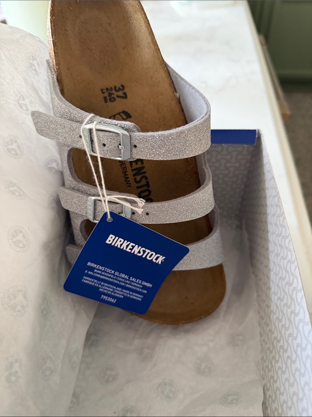 Birkenstock Silver Sparkly Glitter Florida BS Sandals Box - Picture 6 of 6